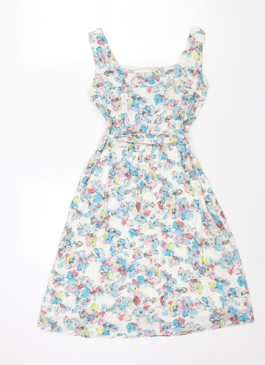 Lily & Me Womens Multicoloured Floral Cotton A-Line Size 10 Square Neck Zip - Belted