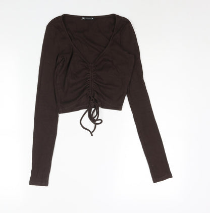 Womens UK Size M Zara Brown Cropped Blouse