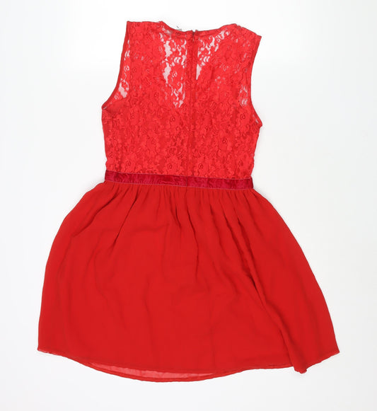 ASOS Womens Red Nylon Fit & Flare Size 10 Round Neck Zip - Lace Bodice Bow