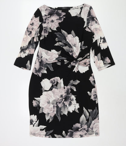Roman Womens Black Floral Polyester Shift Size 14 Boat Neck Pullover - Twist Detail