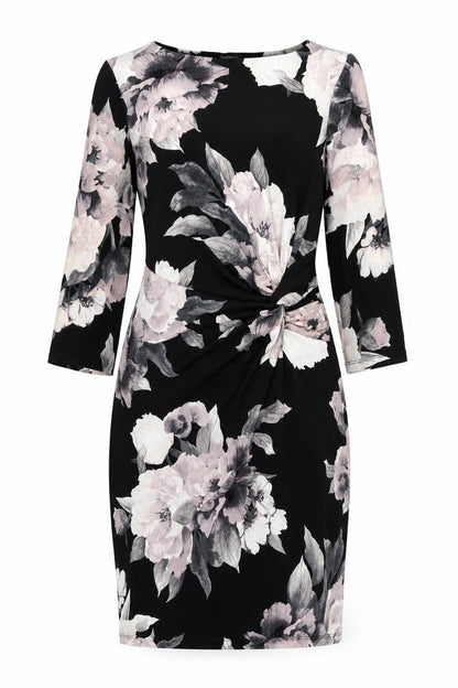 Roman Womens Black Floral Polyester Shift Size 14 Boat Neck Pullover - Twist Detail