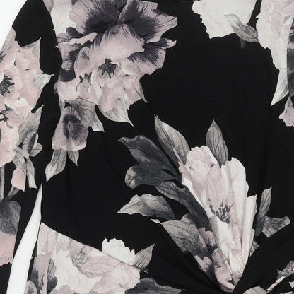 Roman Womens Black Floral Polyester Shift Size 14 Boat Neck Pullover - Twist Detail