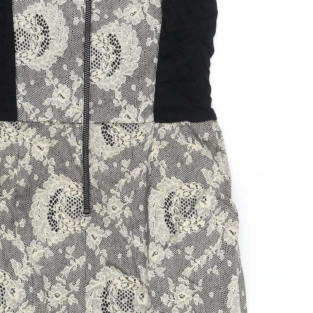 TRF Collection Womens Black Geometric Cotton Mini Size L Square Neck Zip - Lace Print