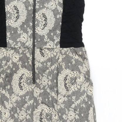 TRF Collection Womens Black Geometric Cotton Mini Size L Square Neck Zip - Lace Print