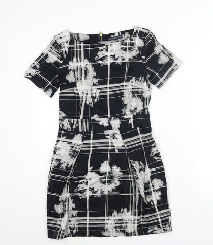 French Connection Womens Black Geometric Cotton Mini Size 10 Round Neck Zip - Pleat Detail