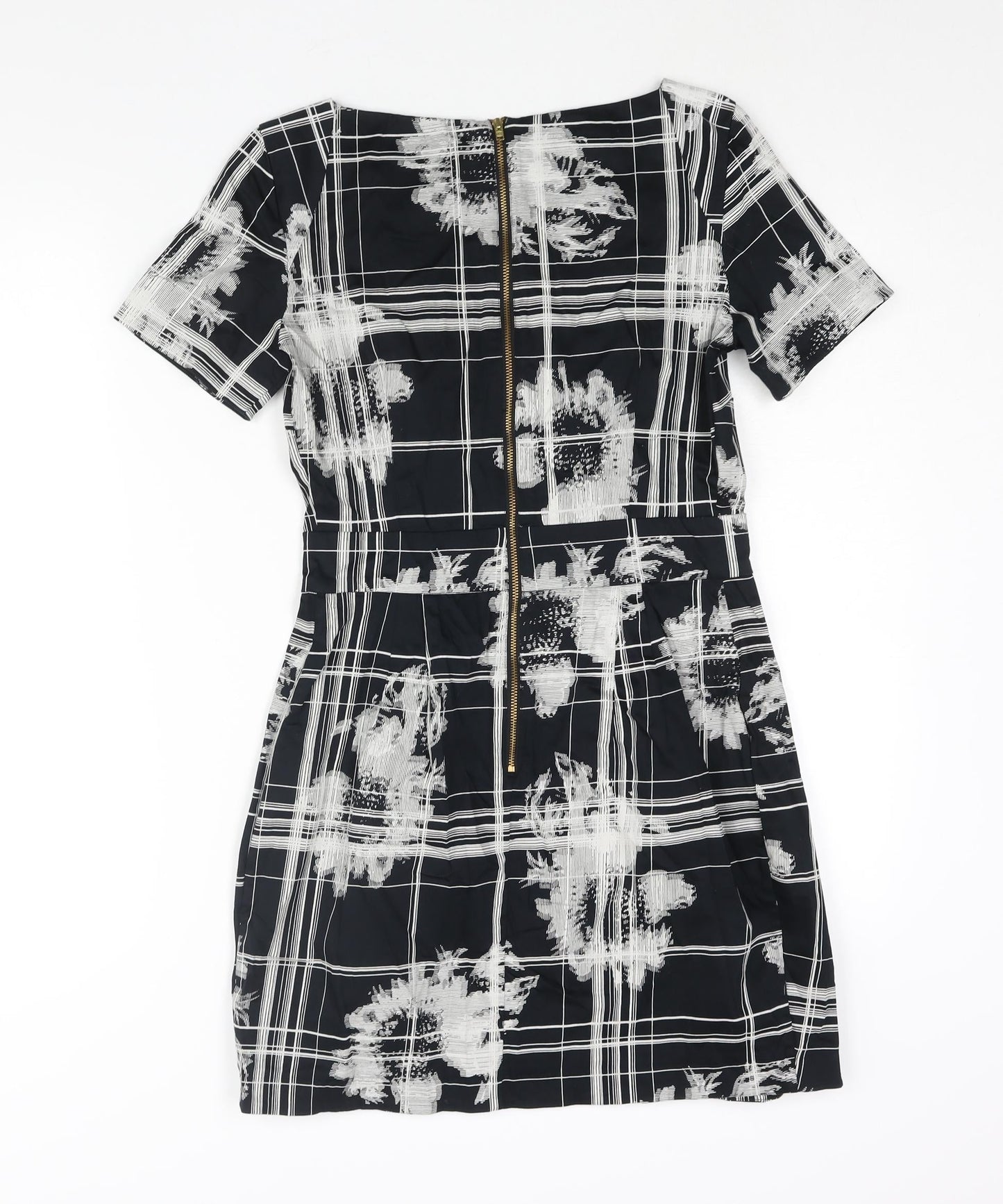 French Connection Womens Black Geometric Cotton Mini Size 10 Round Neck Zip - Pleat Detail