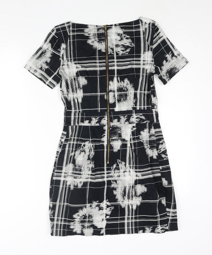 French Connection Womens Black Geometric Cotton Mini Size 10 Round Neck Zip - Pleat Detail