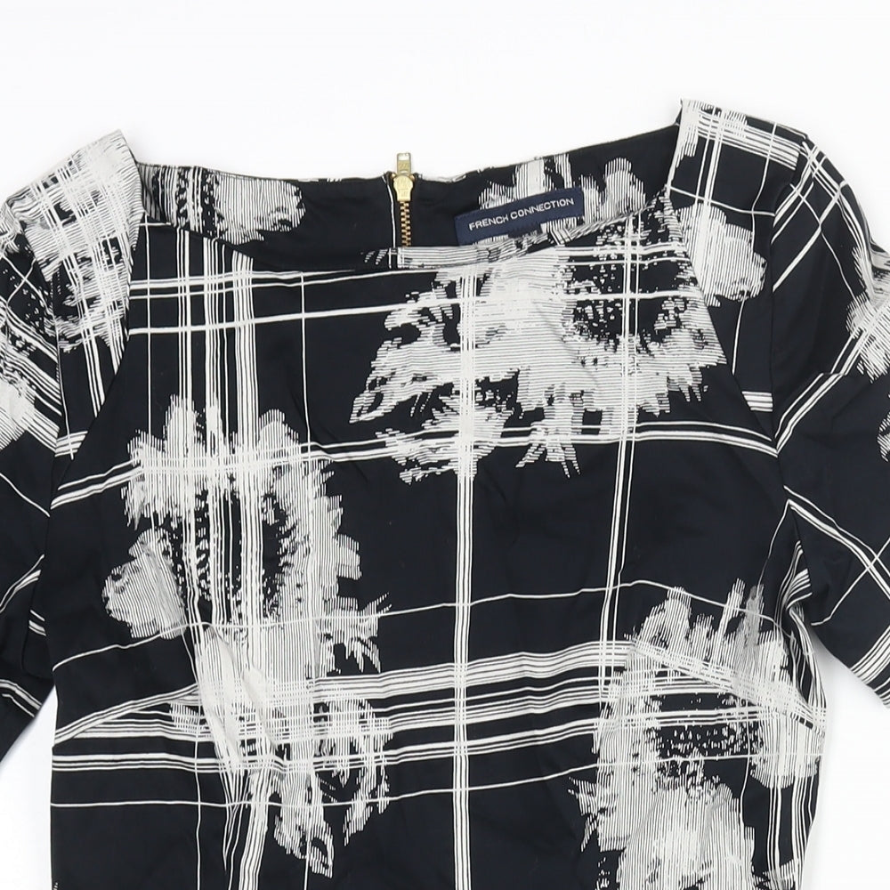French Connection Womens Black Geometric Cotton Mini Size 10 Round Neck Zip - Pleat Detail
