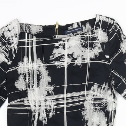 French Connection Womens Black Geometric Cotton Mini Size 10 Round Neck Zip - Pleat Detail