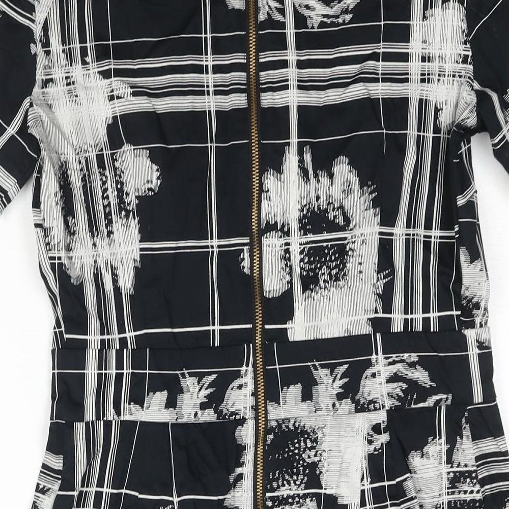 French Connection Womens Black Geometric Cotton Mini Size 10 Round Neck Zip - Pleat Detail