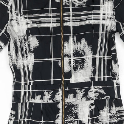 French Connection Womens Black Geometric Cotton Mini Size 10 Round Neck Zip - Pleat Detail