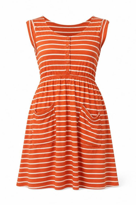 Front view of mamas & papas women’s red striped viscose shift, size UK 14, round neck button