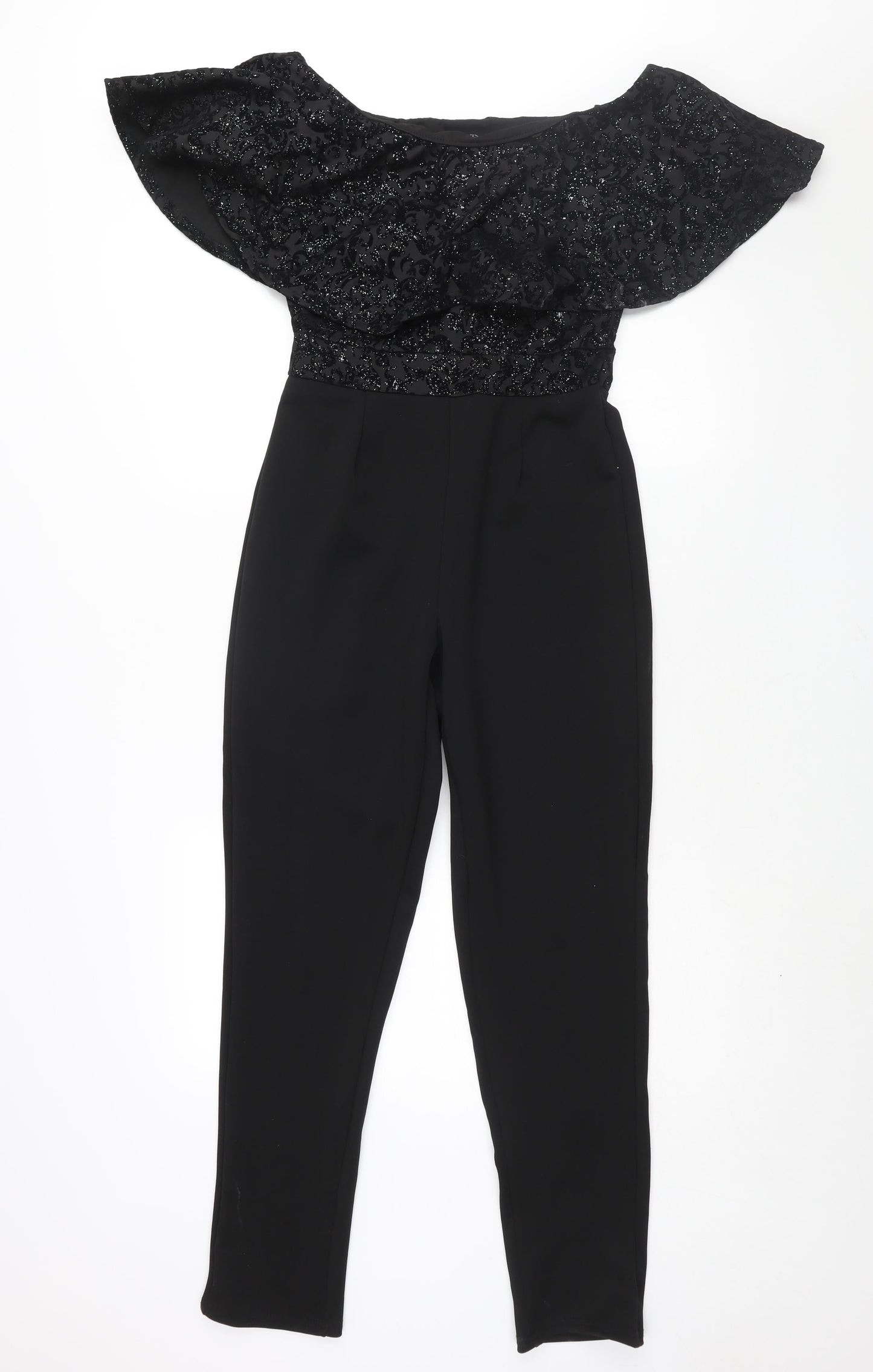 Quis Womens Black Polyester Jumpsuit One-Piece Size 10 L29 in Pullover - Velvet Geometric Print Bodice Frill