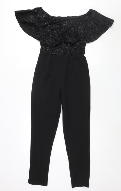 Quis Womens Black Polyester Jumpsuit One-Piece Size 10 L29 in Pullover - Velvet Geometric Print Bodice Frill