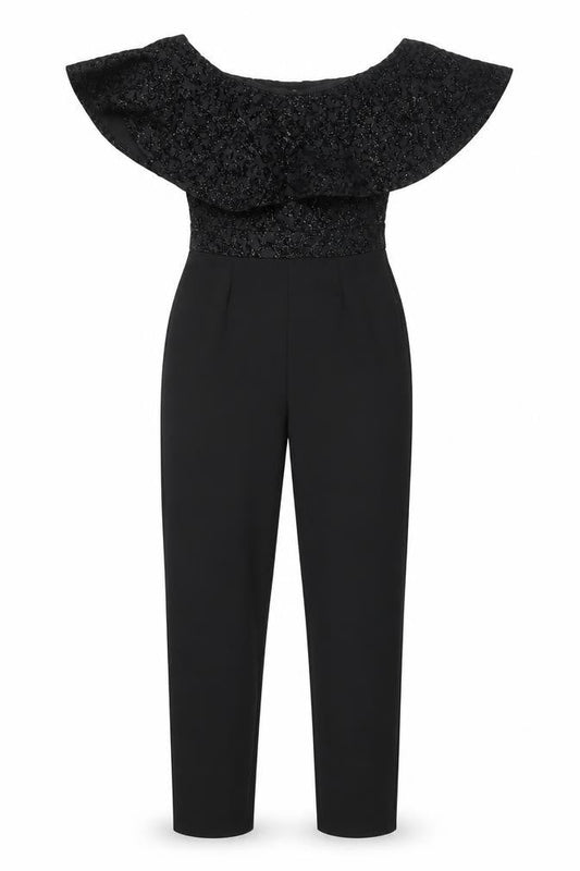 Quis Womens Black Polyester Jumpsuit One-Piece Size 10 L29 in Pullover - Velvet Geometric Print Bodice Frill