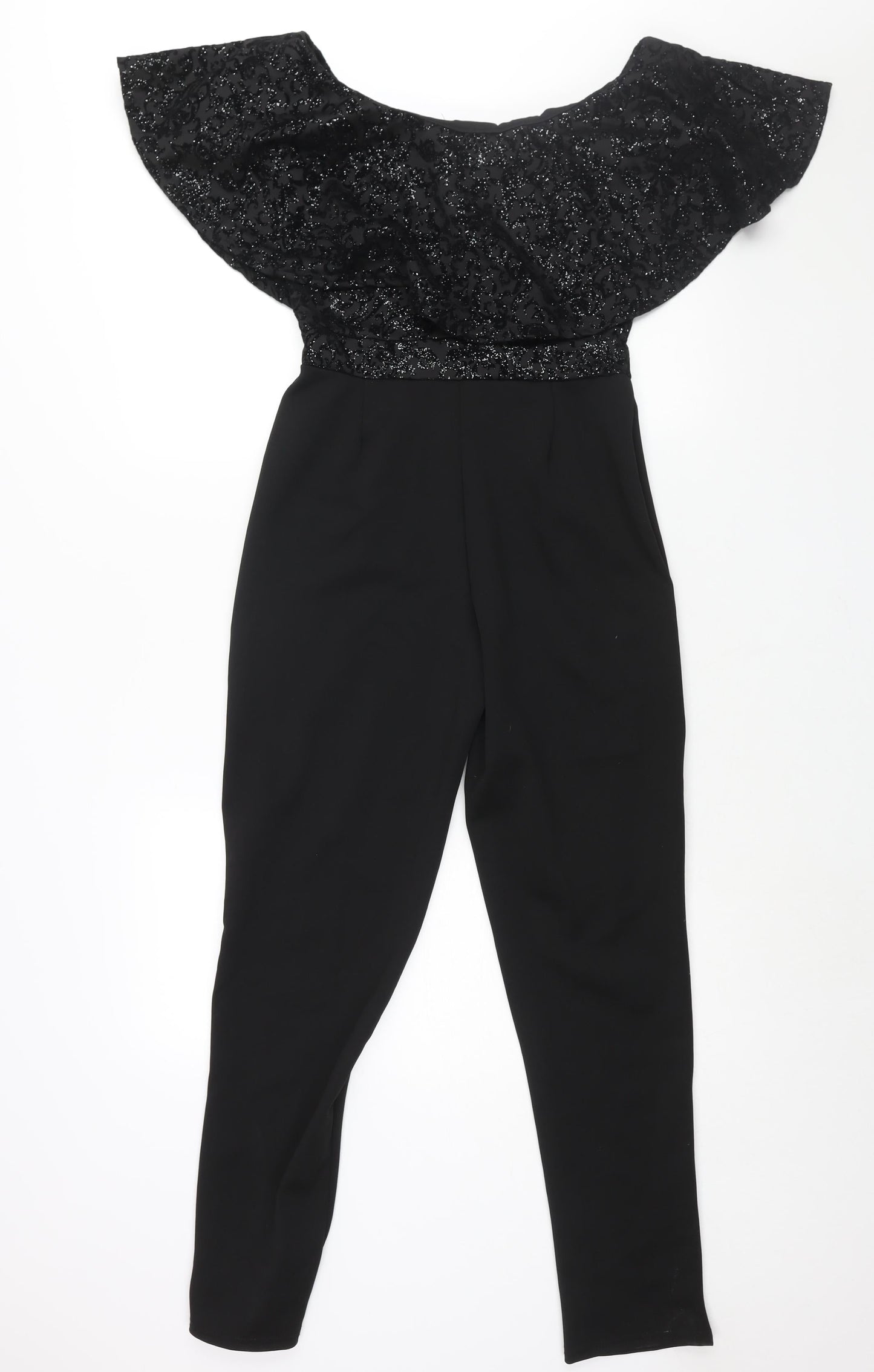 Quis Womens Black Polyester Jumpsuit One-Piece Size 10 L29 in Pullover - Velvet Geometric Print Bodice Frill