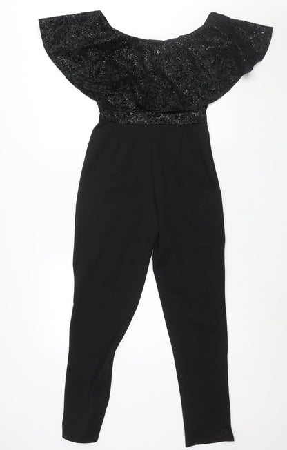 Quis Womens Black Polyester Jumpsuit One-Piece Size 10 L29 in Pullover - Velvet Geometric Print Bodice Frill