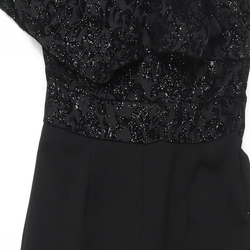 Quis Womens Black Polyester Jumpsuit One-Piece Size 10 L29 in Pullover - Velvet Geometric Print Bodice Frill