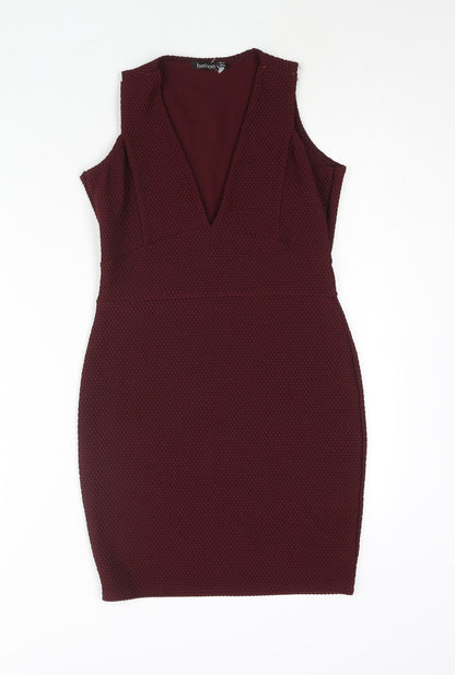 Boohoo Womens Red Polyester Bodycon Size 12 V-Neck Pullover - Textured