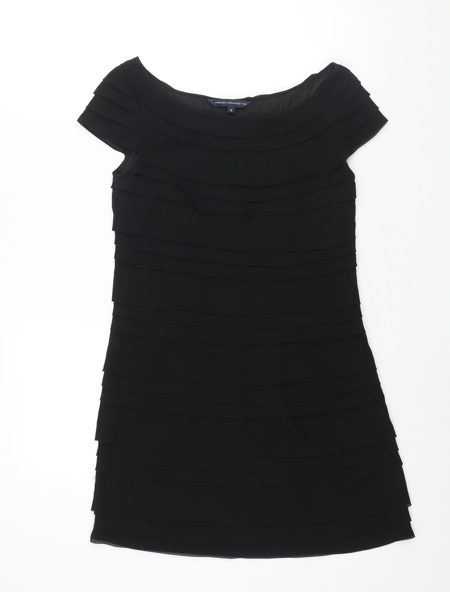 French Connection Womens Black Polyester Mini Size 8 Boat Neck Pullover - Layered Pleat