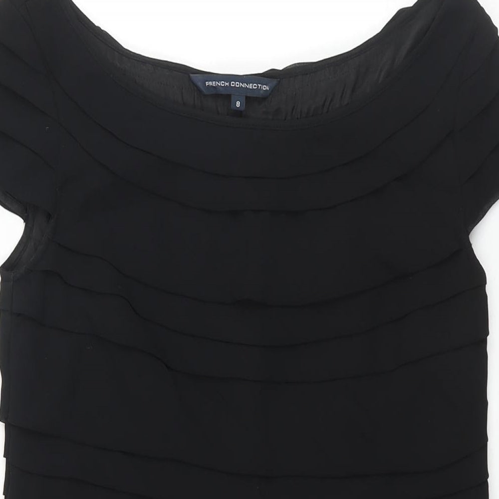 French Connection Womens Black Polyester Mini Size 8 Boat Neck Pullover - Layered Pleat