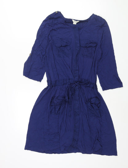 Monsoon Womens Blue Viscose A-Line Size 12 Round Neck Button - Drawstring Waist