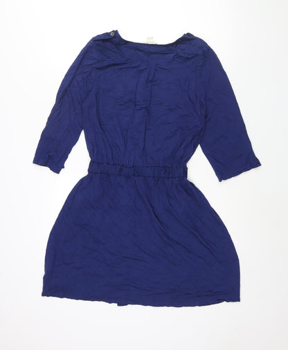 Monsoon Womens Blue Viscose A-Line Size 12 Round Neck Button - Drawstring Waist