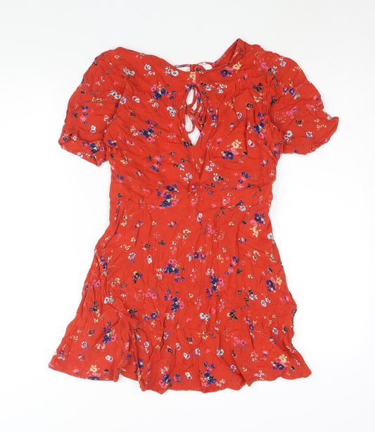 Urban Outfitters Womens Red Geometric Viscose Mini Size S Round Neck Tie - Floral Print Keyhole Neck