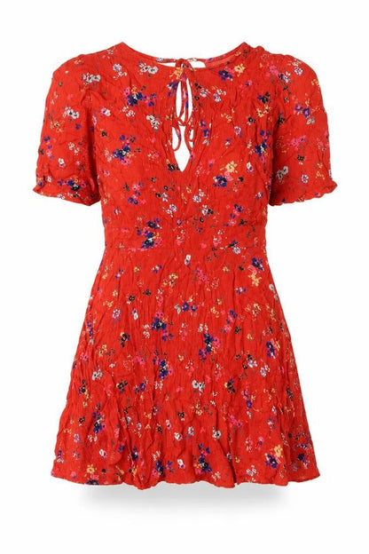 Urban Outfitters Womens Red Geometric Viscose Mini Size S Round Neck Tie - Floral Print Keyhole Neck