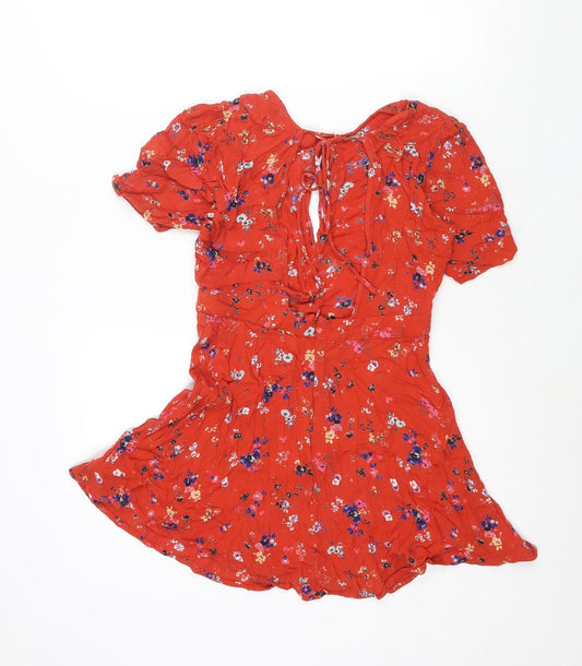 Urban Outfitters Womens Red Geometric Viscose Mini Size S Round Neck Tie - Floral Print Keyhole Neck