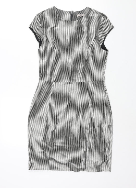 H&M Womens Black Houndstooth Polyester Shift Size 10 Round Neck Zip - Vented