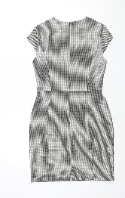 H&M Womens Black Houndstooth Polyester Shift Size 10 Round Neck Zip - Vented