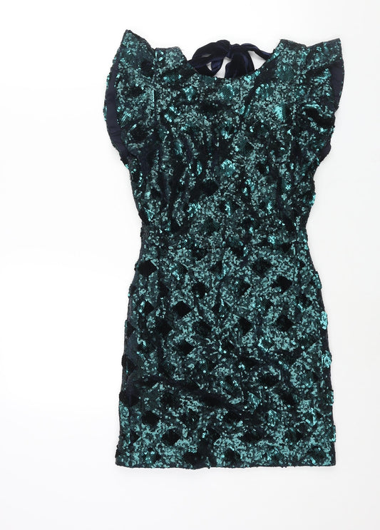 Zara Womens Green Polyester Mini Size XS Round Neck Zip - Sequin Bow