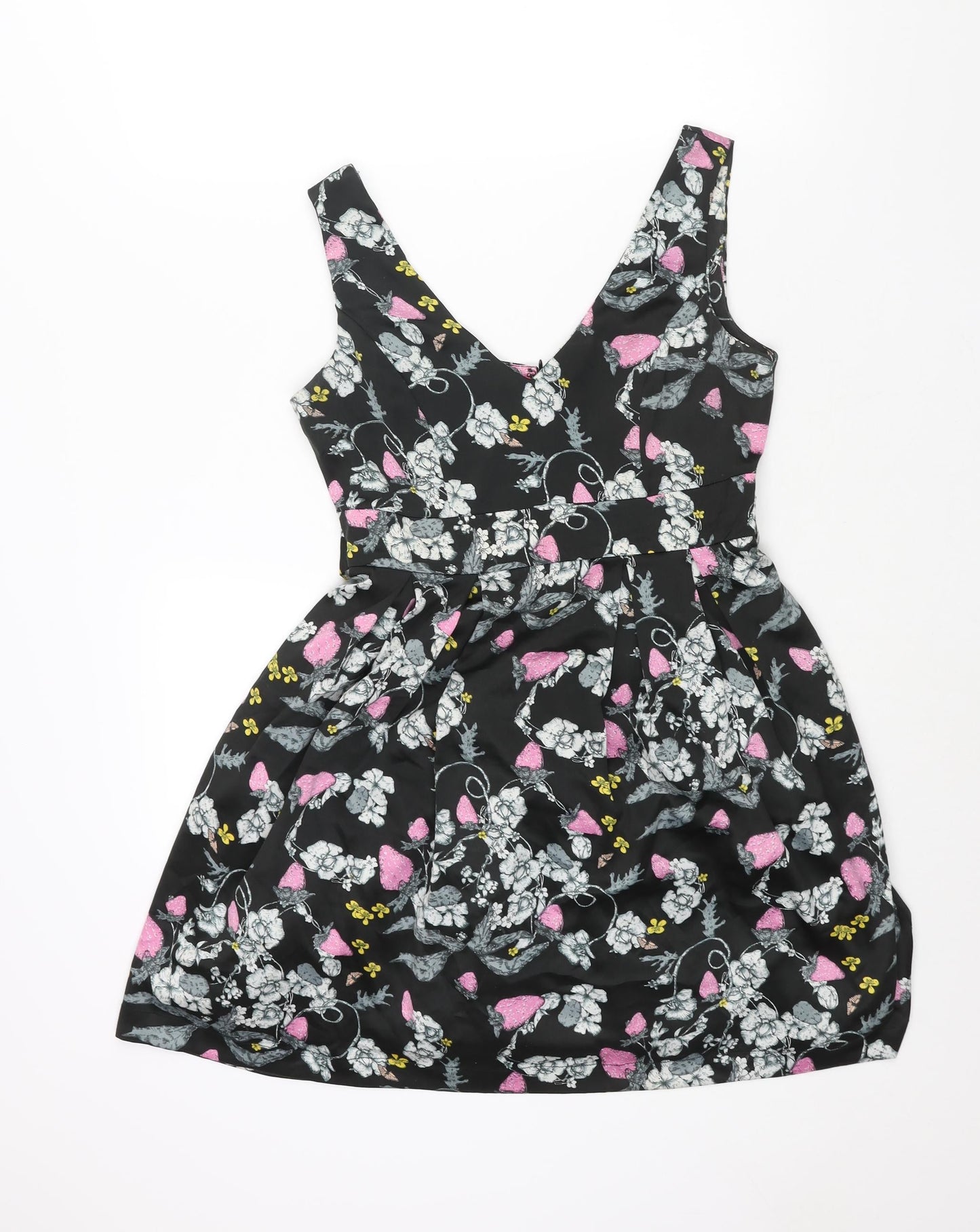 Monsoon Womens Black Floral Polyester A-Line Size 10 V-Neck Zip - Belted