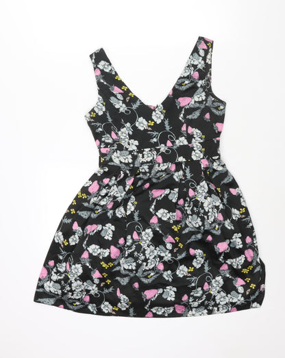 Monsoon Womens Black Floral Polyester A-Line Size 10 V-Neck Zip - Belted