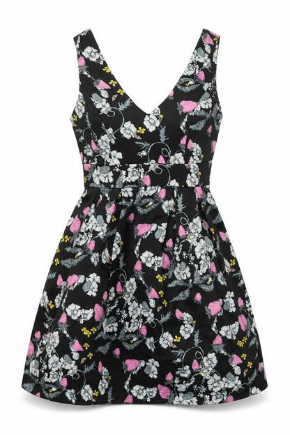 Monsoon Womens Black Floral Polyester A-Line Size 10 V-Neck Zip - Belted