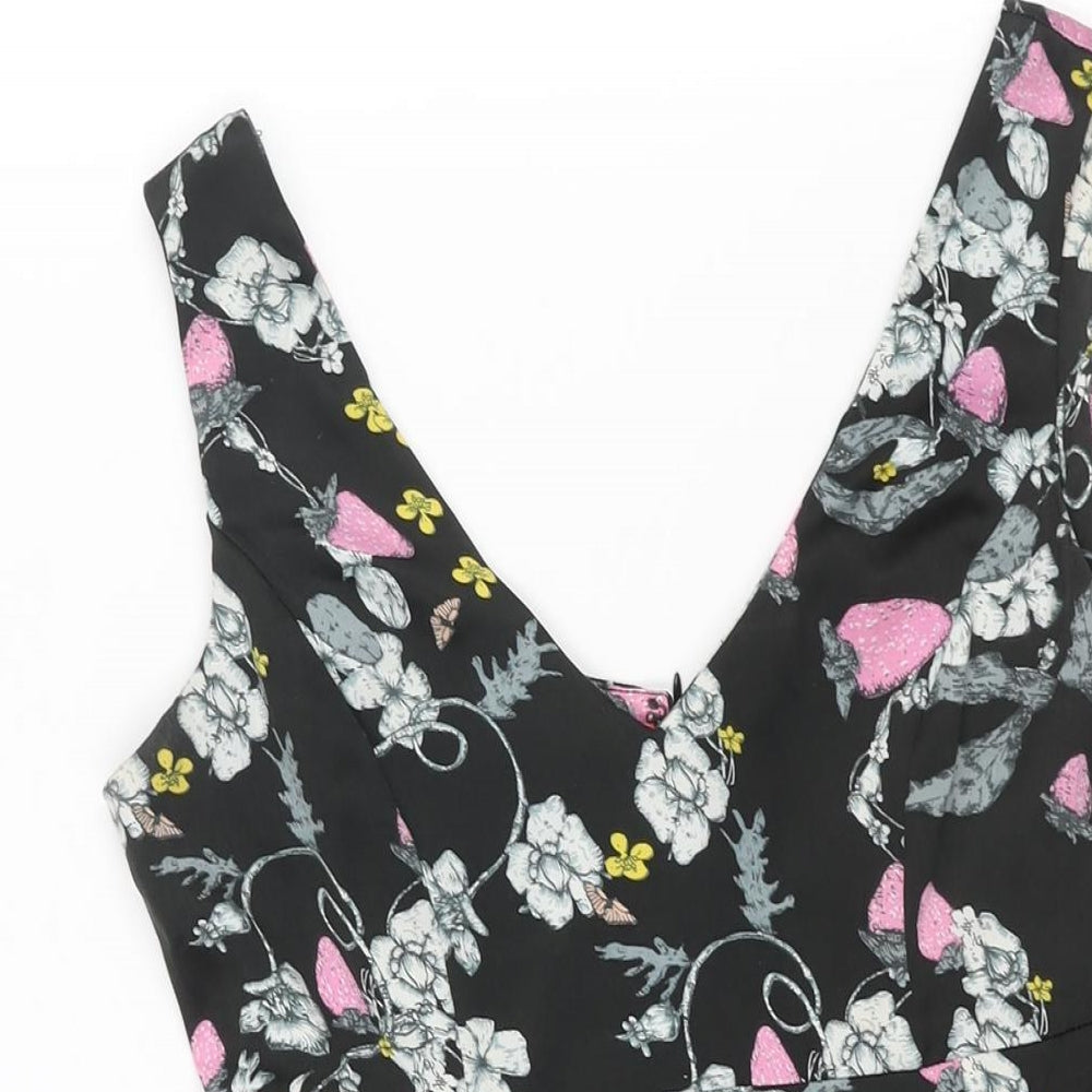 Monsoon Womens Black Floral Polyester A-Line Size 10 V-Neck Zip - Belted