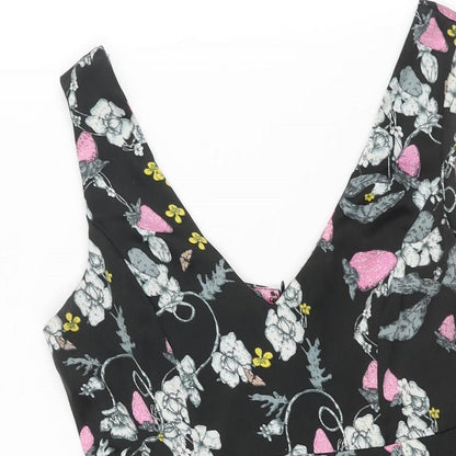 Monsoon Womens Black Floral Polyester A-Line Size 10 V-Neck Zip - Belted