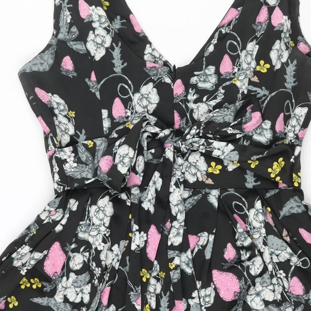 Monsoon Womens Black Floral Polyester A-Line Size 10 V-Neck Zip - Belted