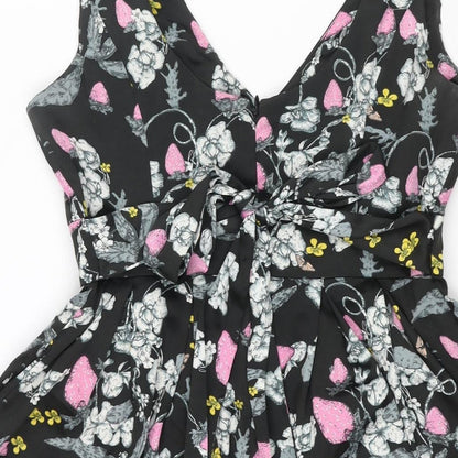 Monsoon Womens Black Floral Polyester A-Line Size 10 V-Neck Zip - Belted