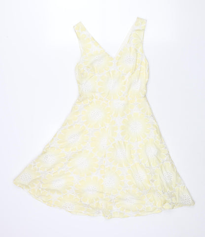 Traffic People Womens Yellow Floral Cotton Fit & Flare Size XS V-Neck Zip