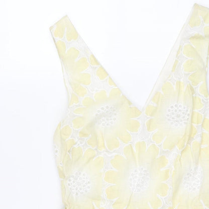 Traffic People Womens Yellow Floral Cotton Fit & Flare Size XS V-Neck Zip