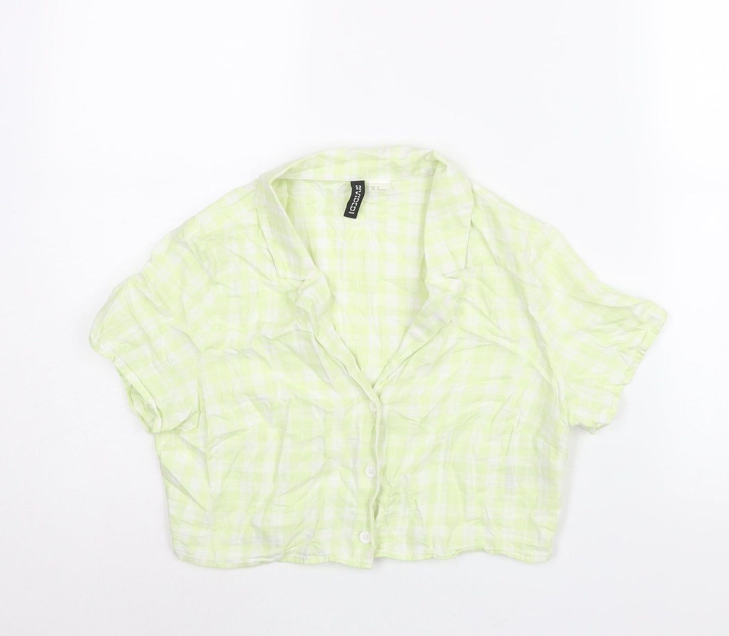 Divided by H&M Womens Green Check Cotton Cropped Button-Up Size 12 Collared