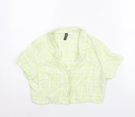 Divided by H&M Womens Green Check Cotton Cropped Button-Up Size 12 Collared