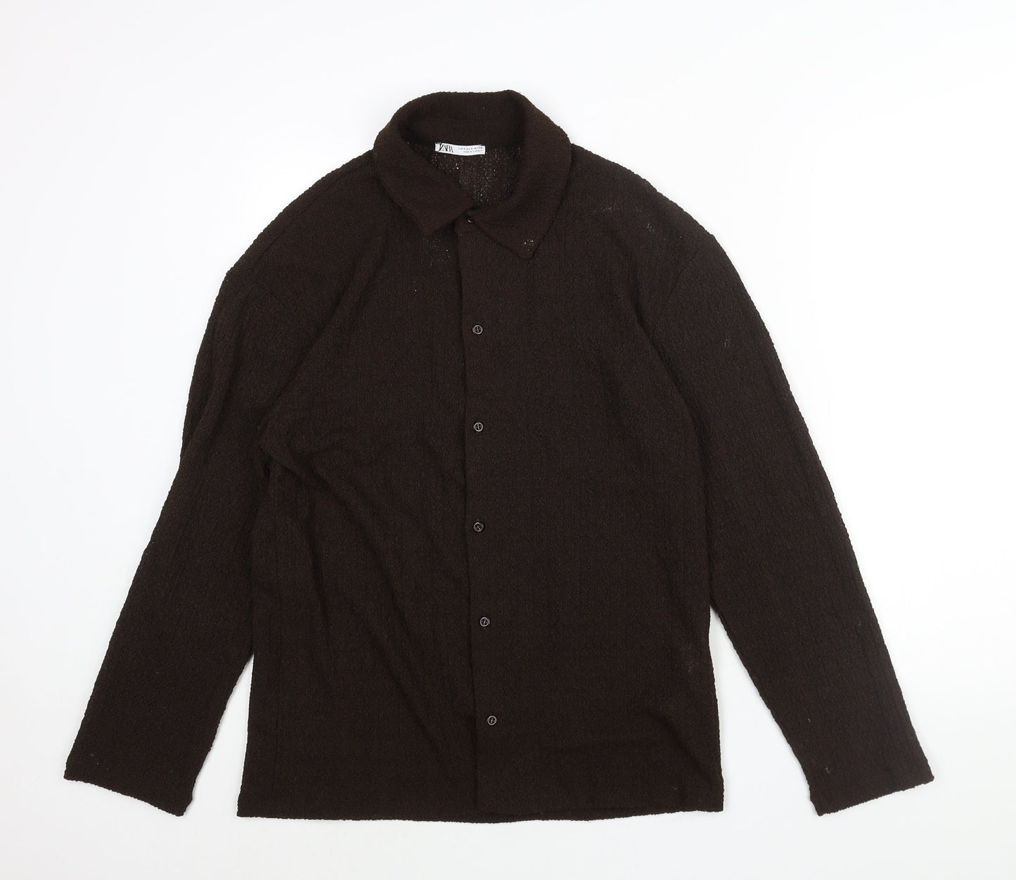 Zara Mens Brown Polyester Button-Up Size S Collared Button - Textured