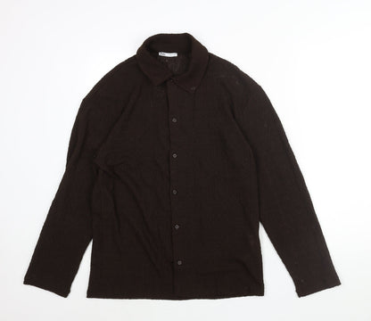 Zara Mens Brown Polyester Button-Up Size S Collared Button - Textured