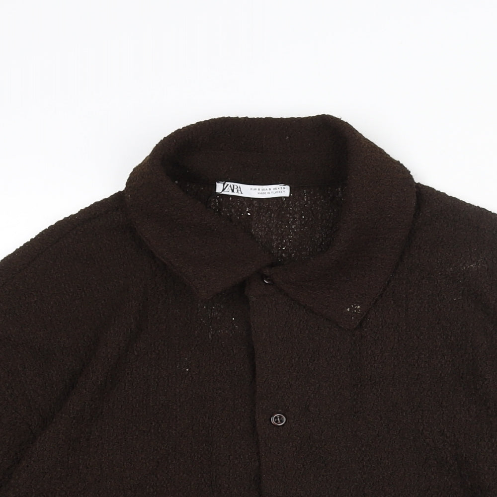 Zara Mens Brown Polyester Button-Up Size S Collared Button - Textured