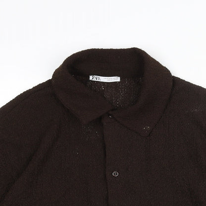 Zara Mens Brown Polyester Button-Up Size S Collared Button - Textured