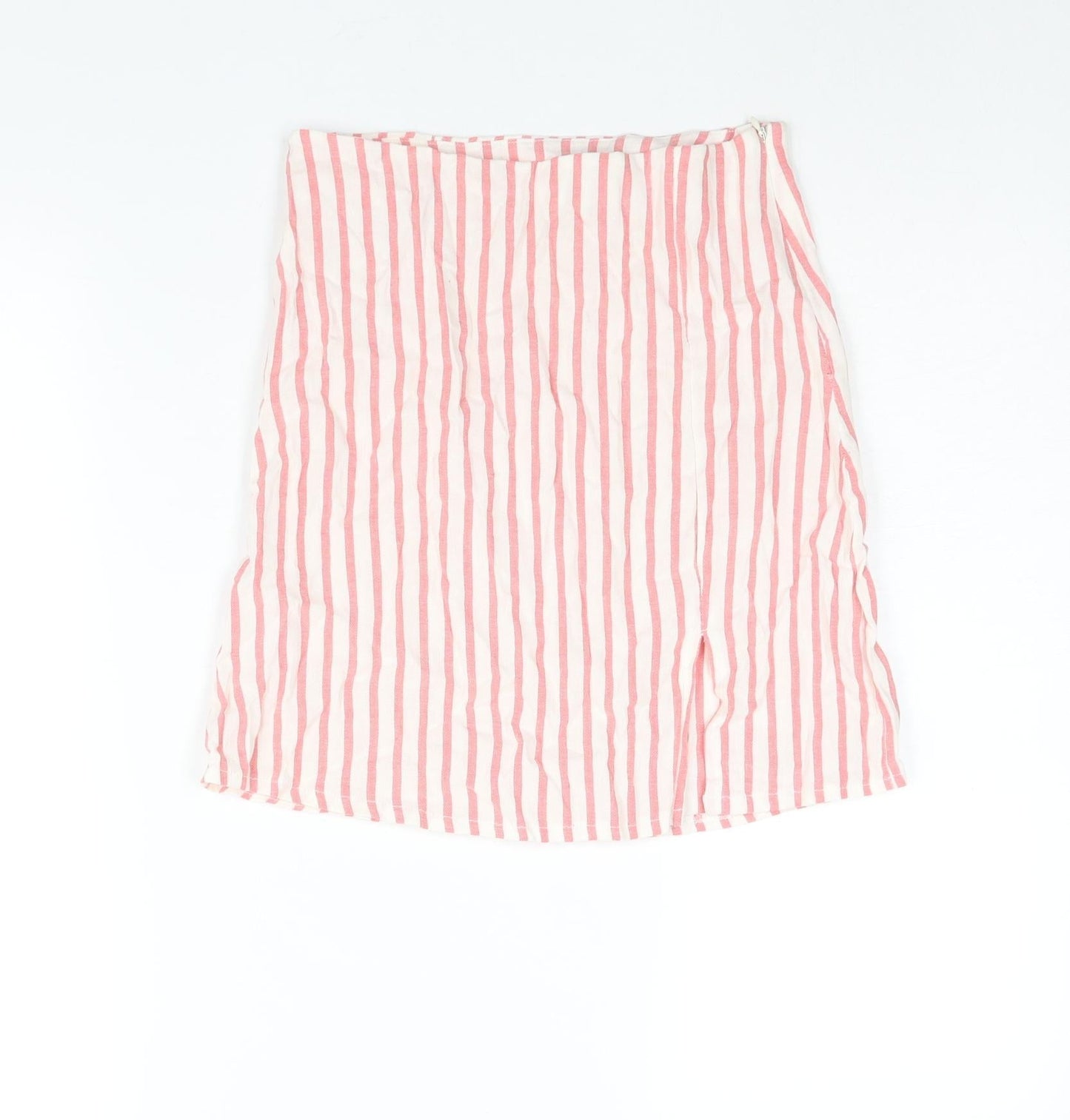 Boohoo Womens White Striped Cotton Mini Skirt Size 14 Zip - Front Slit