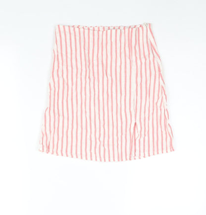 Boohoo Womens White Striped Cotton Mini Skirt Size 14 Zip - Front Slit